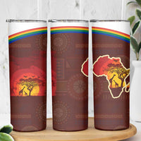 African Sunset Heritage Skinny Tumbler Tribal Pattern with Continent Silhouette, Rainbow Arc & Safari Scene