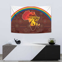 African Sunset Heritage Tapestry Tribal Pattern with Continent Silhouette, Rainbow Arc & Safari Scene