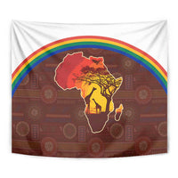 African Sunset Heritage Tapestry Tribal Pattern with Continent Silhouette, Rainbow Arc & Safari Scene