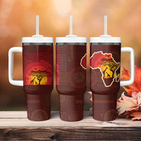 African Sunset Heritage Tumbler With Handle Tribal Pattern with Continent Silhouette, Rainbow Arc & Safari Scene