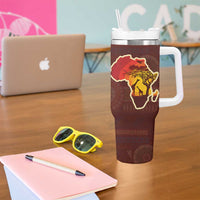 African Sunset Heritage Tumbler With Handle Tribal Pattern with Continent Silhouette, Rainbow Arc & Safari Scene