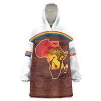 African Sunset Heritage Wearable Blanket Hoodie Tribal Pattern with Continent Silhouette, Rainbow Arc & Safari Scene