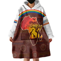 African Sunset Heritage Wearable Blanket Hoodie Tribal Pattern with Continent Silhouette, Rainbow Arc & Safari Scene