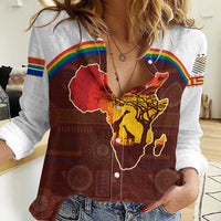 African Sunset Heritage Women Casual Shirt Tribal Pattern with Continent Silhouette, Rainbow Arc & Safari Scene