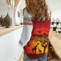 African Sunset Heritage Women Casual Shirt Tribal Pattern with Continent Silhouette, Rainbow Arc & Safari Scene