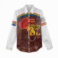 African Sunset Heritage Women Casual Shirt Tribal Pattern with Continent Silhouette, Rainbow Arc & Safari Scene
