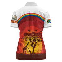 African Sunset Heritage Women Polo Shirt Tribal Pattern with Continent Silhouette, Rainbow Arc & Safari Scene