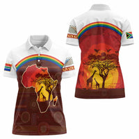African Sunset Heritage Women Polo Shirt Tribal Pattern with Continent Silhouette, Rainbow Arc & Safari Scene