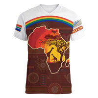 African Sunset Heritage Women V-Neck T-Shirt Tribal Pattern with Continent Silhouette, Rainbow Arc & Safari Scene