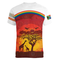 African Sunset Heritage Women V-Neck T-Shirt Tribal Pattern with Continent Silhouette, Rainbow Arc & Safari Scene