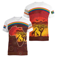 African Sunset Heritage Women V-Neck T-Shirt Tribal Pattern with Continent Silhouette, Rainbow Arc & Safari Scene