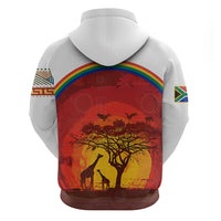 African Sunset Heritage Zip Hoodie Tribal Pattern with Continent Silhouette, Rainbow Arc & Safari Scene