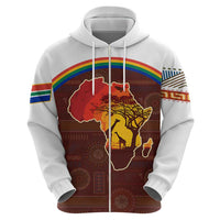 African Sunset Heritage Zip Hoodie Tribal Pattern with Continent Silhouette, Rainbow Arc & Safari Scene