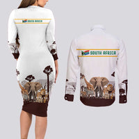 South Africa Wildlife Pride Couples Matching Long Sleeve Bodycon Dress and Long Sleeve Button Shirt Big Five with National Flag and Protea Floral Accent