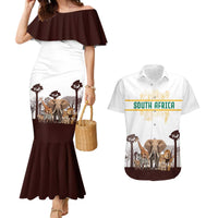 South Africa Wildlife Pride Couples Matching Mermaid Dress and Hawaiian Shirt Big Five with National Flag and Protea Floral Accent