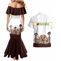 South Africa Wildlife Pride Couples Matching Mermaid Dress and Hawaiian Shirt Big Five with National Flag and Protea Floral Accent