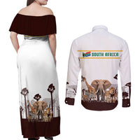 South Africa Wildlife Pride Couples Matching Off Shoulder Maxi Dress and Long Sleeve Button Shirt Big Five with National Flag and Protea Floral Accent