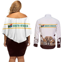 South Africa Wildlife Pride Couples Matching Off Shoulder Short Dress and Long Sleeve Button Shirt Big Five with National Flag and Protea Floral Accent