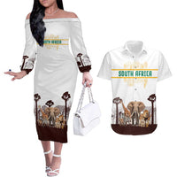 South Africa Wildlife Pride Couples Matching Off The Shoulder Long Sleeve Dress and Hawaiian Shirt Big Five with National Flag and Protea Floral Accent