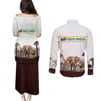 South Africa Wildlife Pride Couples Matching Puletasi and Long Sleeve Button Shirt Big Five with National Flag and Protea Floral Accent