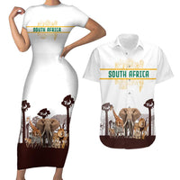 South Africa Wildlife Pride Couples Matching Short Sleeve Bodycon Dress and Hawaiian Shirt Big Five with National Flag and Protea Floral Accent