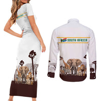 South Africa Wildlife Pride Couples Matching Short Sleeve Bodycon Dress and Long Sleeve Button Shirt Big Five with National Flag and Protea Floral Accent