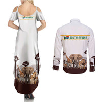 South Africa Wildlife Pride Couples Matching Summer Maxi Dress and Long Sleeve Button Shirt Big Five with National Flag and Protea Floral Accent