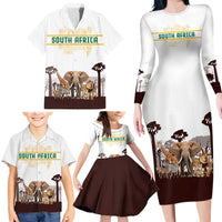 South Africa Wildlife Pride Family Matching Long Sleeve Bodycon Dress and Hawaiian Shirt Big Five with National Flag and Protea Floral Accent