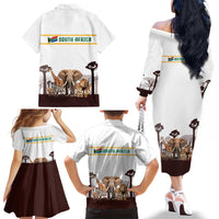South Africa Wildlife Pride Family Matching Off The Shoulder Long Sleeve Dress and Hawaiian Shirt Big Five with National Flag and Protea Floral Accent