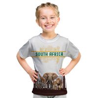 South Africa Wildlife Pride Kid T Shirt Big Five with National Flag and Protea Floral Accent