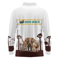 South Africa Wildlife Pride Long Sleeve Polo Shirt Big Five with National Flag and Protea Floral Accent