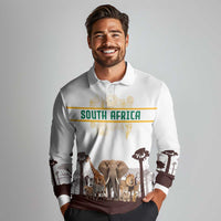 South Africa Wildlife Pride Long Sleeve Polo Shirt Big Five with National Flag and Protea Floral Accent