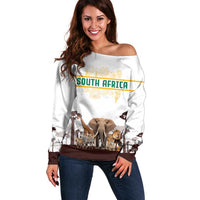South Africa Wildlife Pride Off Shoulder Sweater Big Five with National Flag and Protea Floral Accent