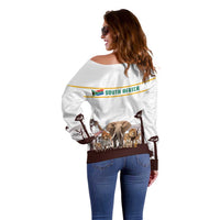 South Africa Wildlife Pride Off Shoulder Sweater Big Five with National Flag and Protea Floral Accent