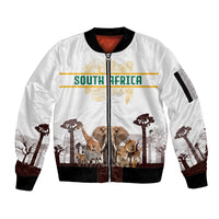 South Africa Wildlife Pride Sleeve Zip Bomber Jacket Big Five with National Flag and Protea Floral Accent