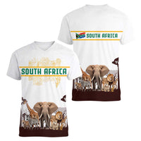 South Africa Wildlife Pride Women V-Neck T-Shirt Big Five with National Flag and Protea Floral Accent