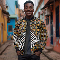 Cameroon Toghu Bamenda Sleeve Zip Bomber Jacket African Traditional Art