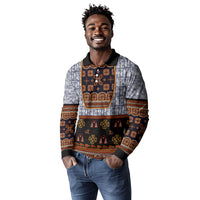 Cameroon Toghu Ethnic Heritage Long Sleeve Polo Shirt Traditional Bamenda Embroidery Style - African Tribal Motifs