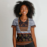 Cameroon Toghu Ethnic Heritage Women V-Neck T-Shirt Traditional Bamenda Embroidery Style - African Tribal Motifs