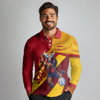 Personalized Spain Football Long Sleeve Polo Shirt Spanish Soccer Team Flag Bull Mascot