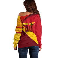 Personalized Spain Football Off Shoulder Sweater Spanish Soccer Team Flag Bull Mascot