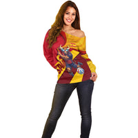 Personalized Spain Football Off Shoulder Sweater Spanish Soccer Team Flag Bull Mascot