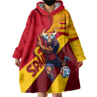 Personalized Spain Football Wearable Blanket Hoodie Spanish Soccer Team Flag Bull Mascot