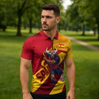 Personalized Spain Football Zipper Polo Shirt Spanish Soccer Team Flag Bull Mascot