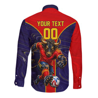 Personalized Spain Football Long Sleeve Button Shirt Fear the Bull Soccer Mascot Marble Art