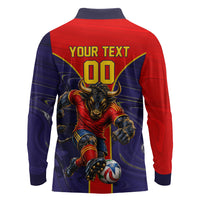 Personalized Spain Football Long Sleeve Polo Shirt Fear the Bull Soccer Mascot Marble Art