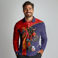Personalized Spain Football Long Sleeve Polo Shirt Fear the Bull Soccer Mascot Marble Art