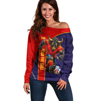 Personalized Spain Football Off Shoulder Sweater Fear the Bull Soccer Mascot Marble Art