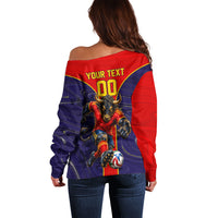 Personalized Spain Football Off Shoulder Sweater Fear the Bull Soccer Mascot Marble Art