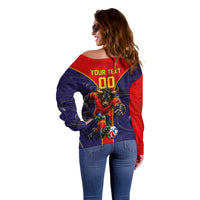 Personalized Spain Football Off Shoulder Sweater Fear the Bull Soccer Mascot Marble Art